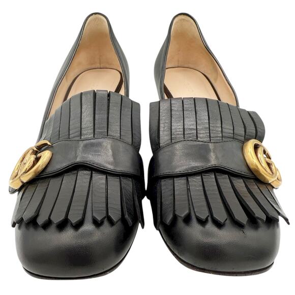 Gucci Marmont GG Fringe Loafers Low Block Heel Pumps Black LeatherSize 39 US 9 - Picture 8 of 15